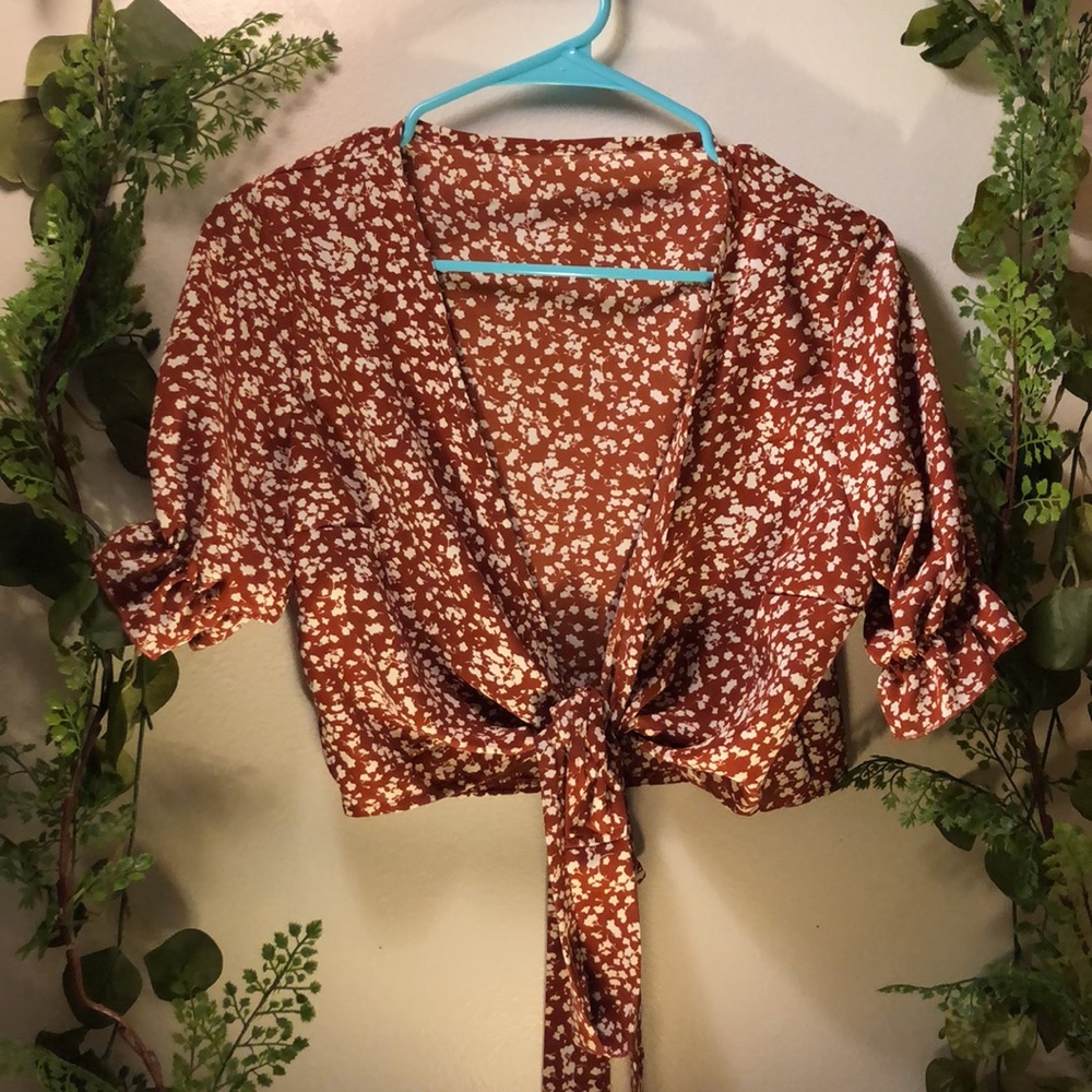 burnt orange floral tie crop top